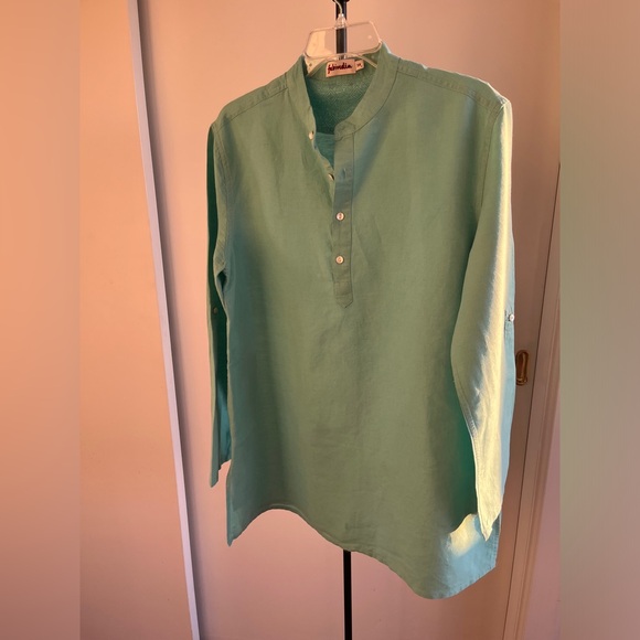 FabIndia Men’s Teal Blue Woven Linen Blend Nehru Kurta roll tab sleeves Sz 38 M - Picture 7 of 12